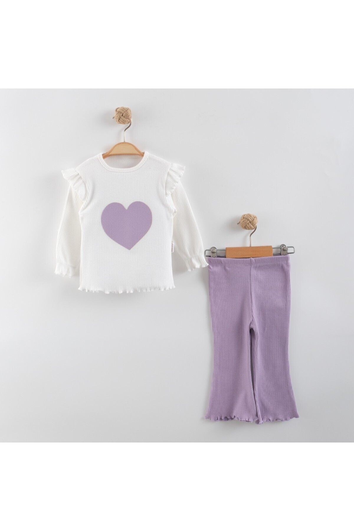 Hearted Two Piece Set Purple White Long Sleeve Blouse Spanish Leg Pants Stretchy Handy Cotton Fabric