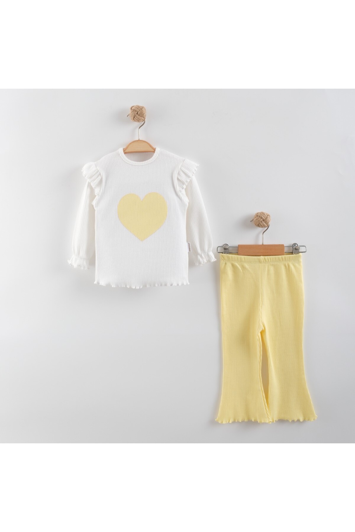 Hearted Two Piece Set Yellow White Long Sleeve Blouse Spanish Leg Pants Stretchy Handy Cotton Fabric