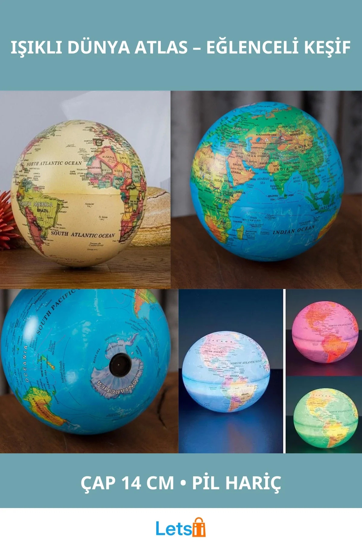 Letsii Işıklı Dünya Atlas 14 cm Dönme Özellikli Sert Plastik Dekoratif