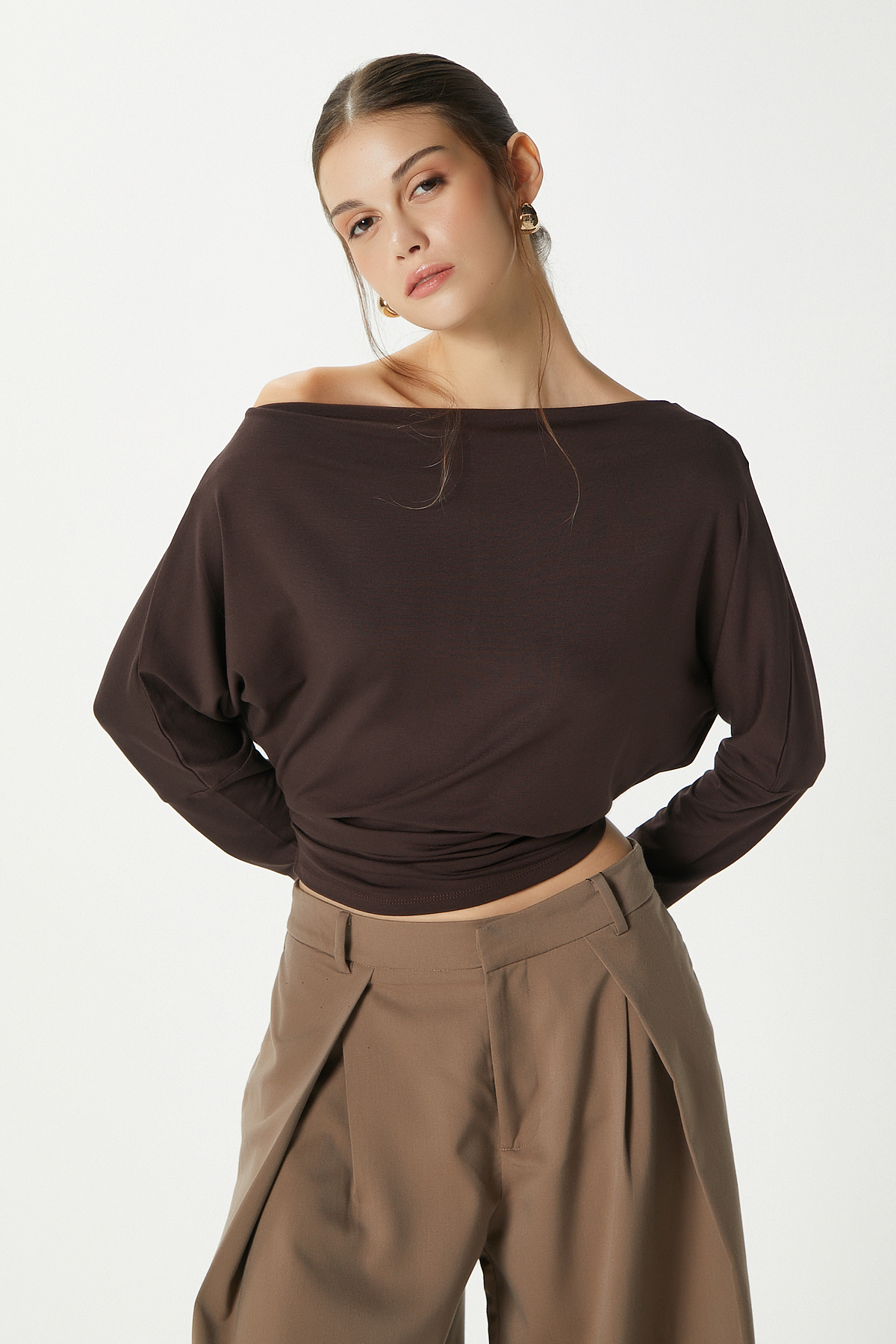 Ritnice Kadın Grace Asimetrik Omuz Detay Kahverengi Bluz