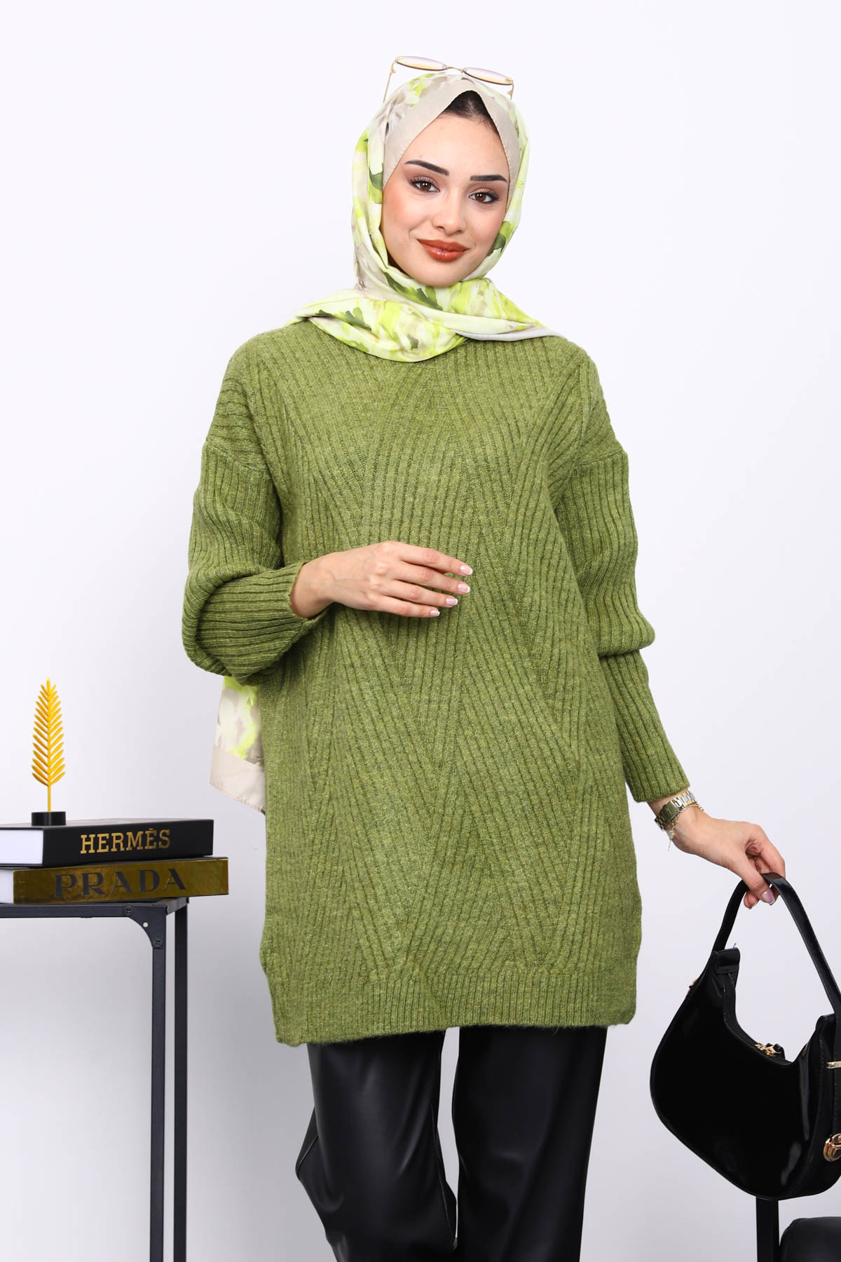 İmajButik Yeşil Bisiklet Yaka Triko Kazak