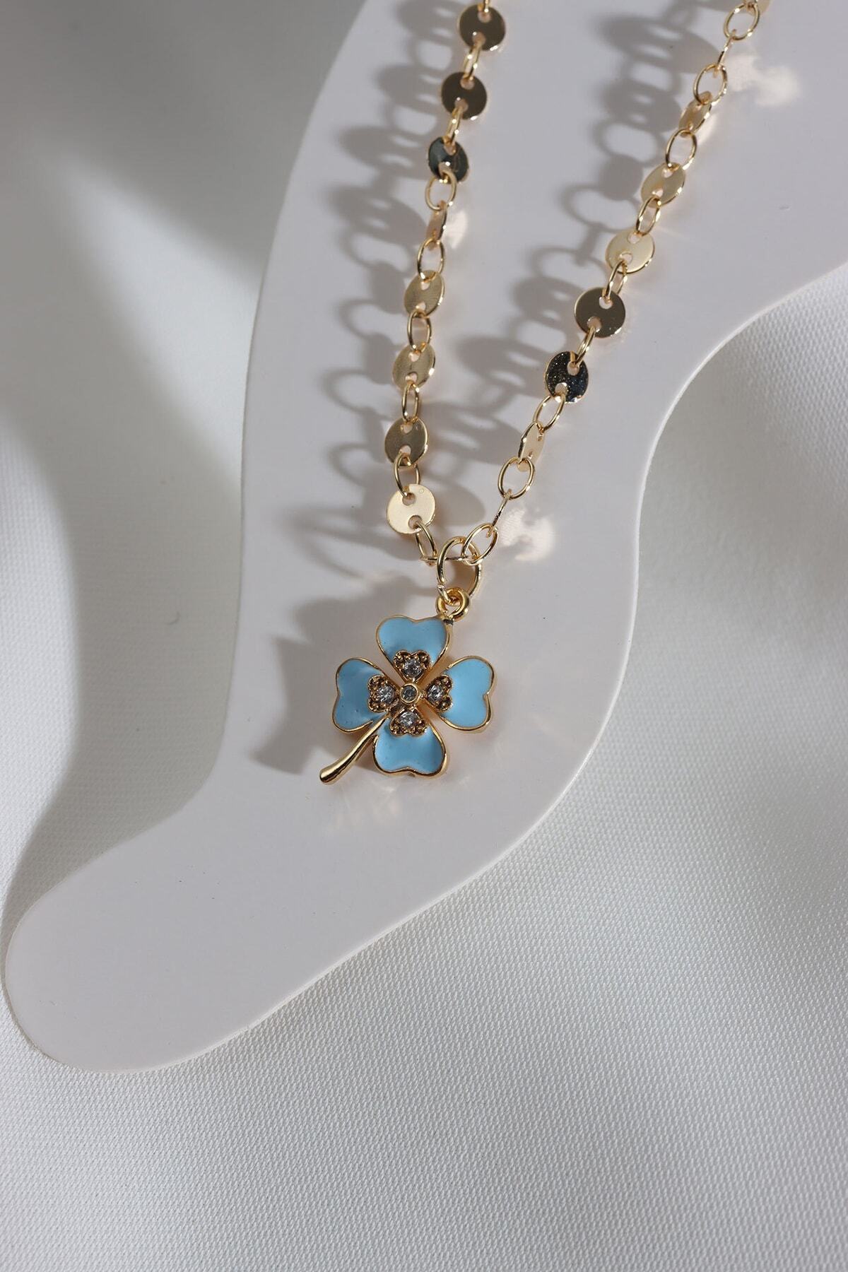 LA PERRY ACCESSORIES Mavi Mineli Dört Yapraklı Yonca Halhal