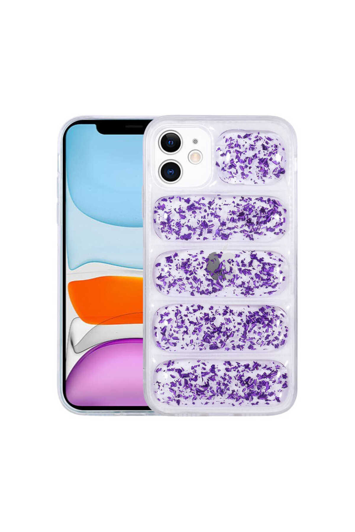 iPhone 11 Uyumlu Kamera Korumalı Simli AiHTTg'li NXXA Dalga Kılıf-Mor