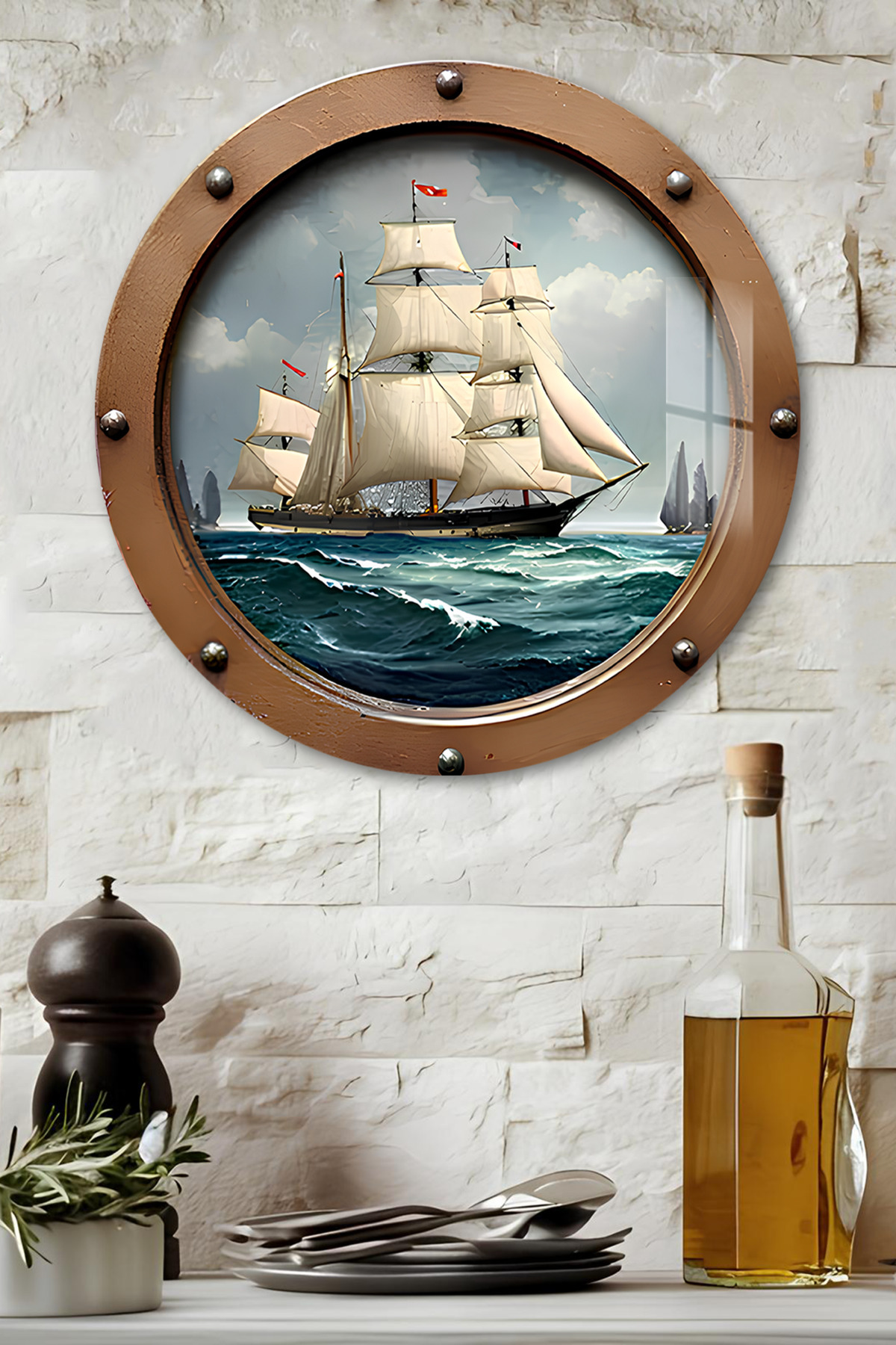 3D Görünümlü Temperli Cam Tablo – Yelkenli Gemi Temalı Duvar Süsü UV Baskı 33x33 cm-CDS070