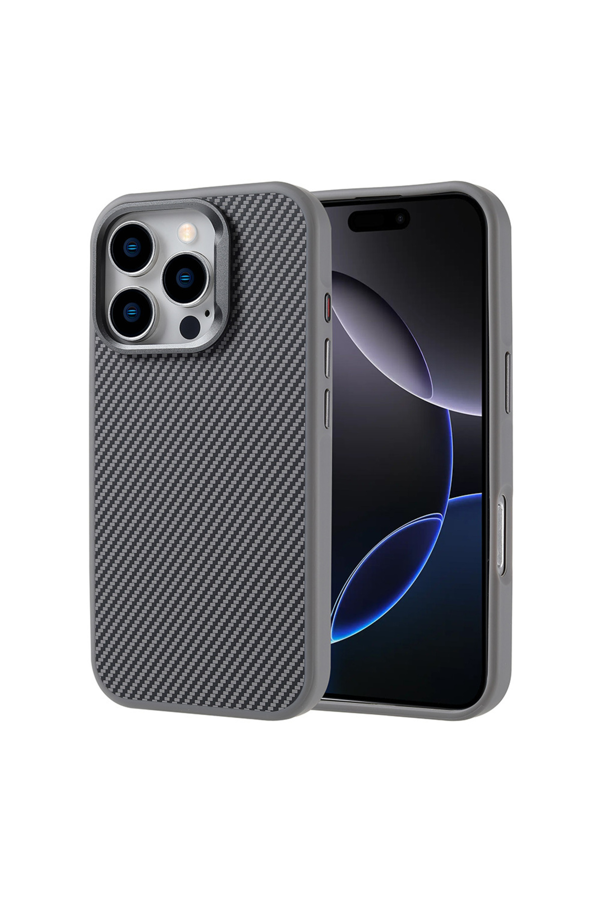 iPhone 16 Pro Kılıf Magsafe Şarj Özellikli Karbon Fiber Görünümlü NXXA Troy Kapak - Gümüş