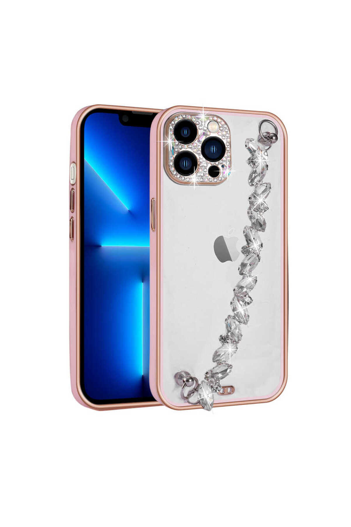 iPhone 12 Pro Uyumlu Taş Süslemeli Kamera Korumalı El Tutamaçlı NXXA Blazer Kılıf-Pembe