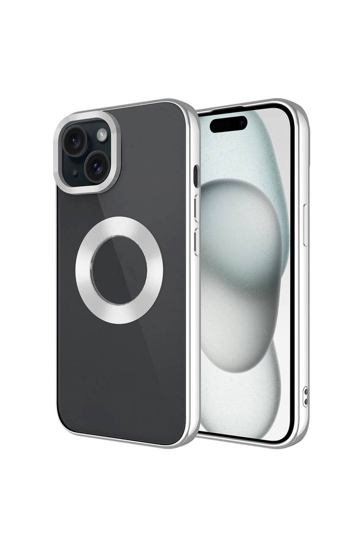 iPhone 15 Uyumlu Tek Kamera Çerçeveli Logo Gösteren NXXA Omega Kılıf-Gümüş