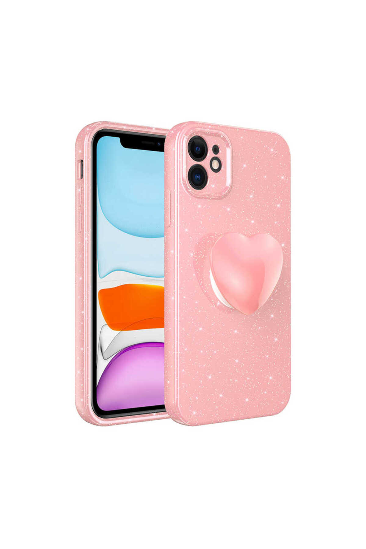 iPhone 11 Uyumlu Kamera Korumalı Simli Pop Soketli Lüks NXXA Koton Soketli Kılıf-Pembe