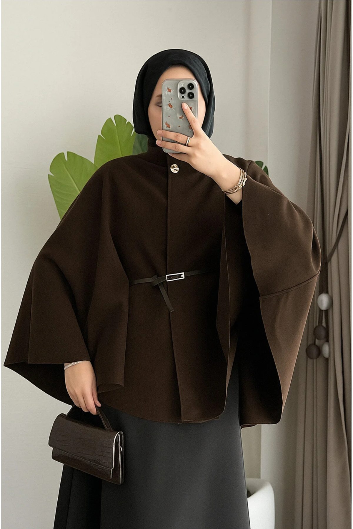 PALMİYE GİYİM Kadın Kaşe Kemerli Ve Düğmeli Şık Panço -Kahverengi