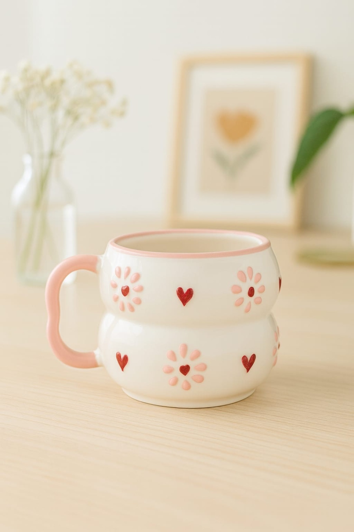 Layered Handle PINK DAISY HEART PATTERN Custom embossed Fully handmade ceramic mug