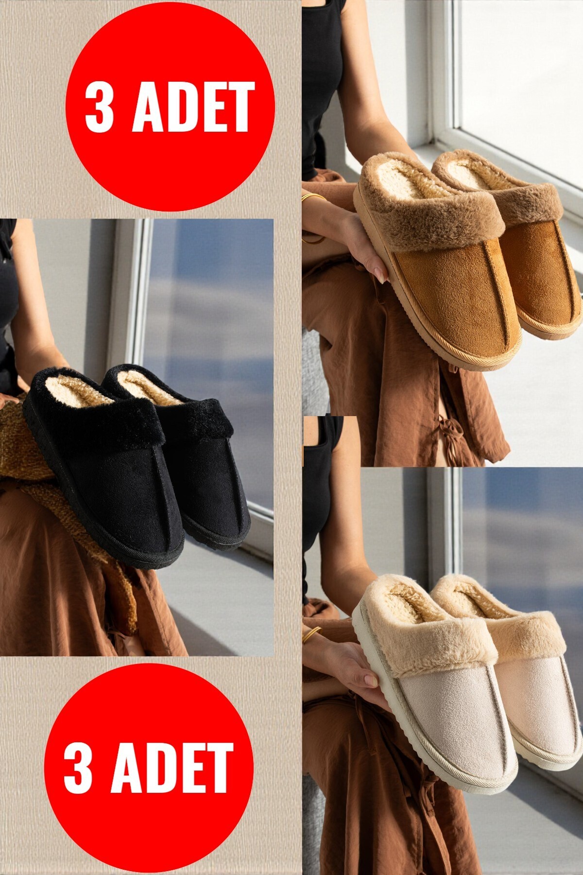 Pazzyonez Kadın Taba Bej Siyah 3 lü Kışlık Peluş Misafir İçi Yünlü Terlik Tüylü Ev Terliği