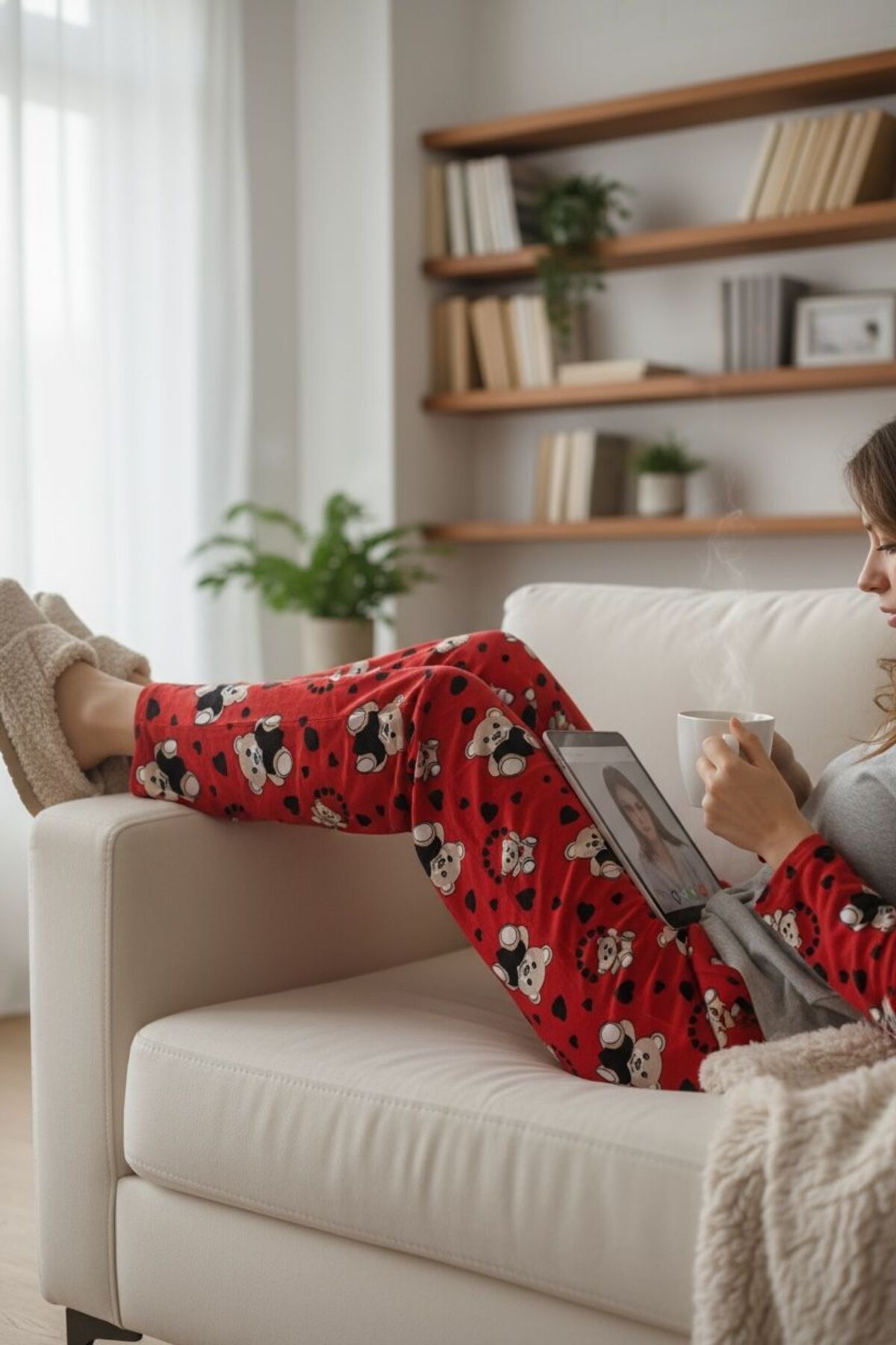 Meleğin Rüyası Sıcacık dokunuş ayıcıklı kırmızı Kadın pijama Takımı