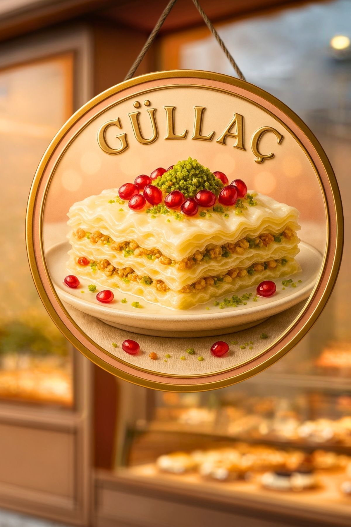 Güllaç Themed Drawstring Wooden Door Wall Ornament, Patisserie, Dessert Shop, Cafe Painting Decor, 30 x 50 cm