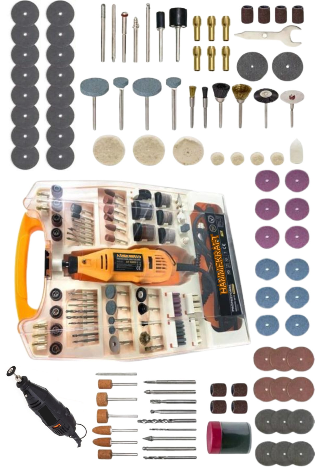 HAMMERKRAFT Alman Teknoloji 440Wat 349Parça Devir Ayarlı Plastik Ahşap Mermer Oyma Kalıpçı Taşlama Gravür Seti