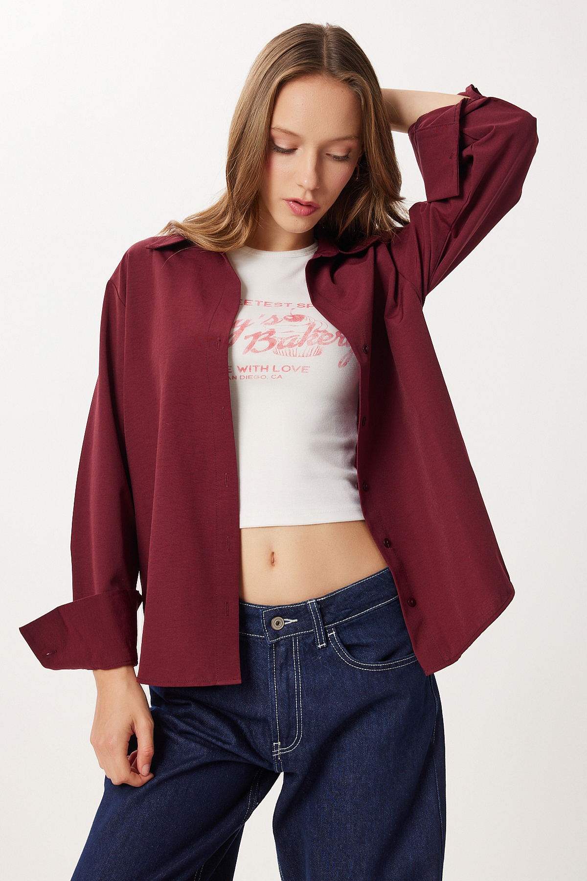 Lovelyİstanbul  Basic Dokuma Gömlek LUB0299 BORDO - Görsel 3