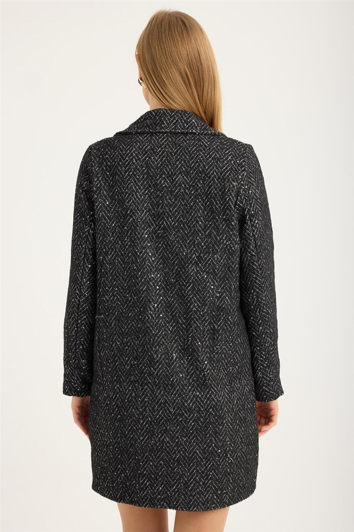 Home Store Long Sequined 2-Pocket Herringbone Jacket- Trendyol