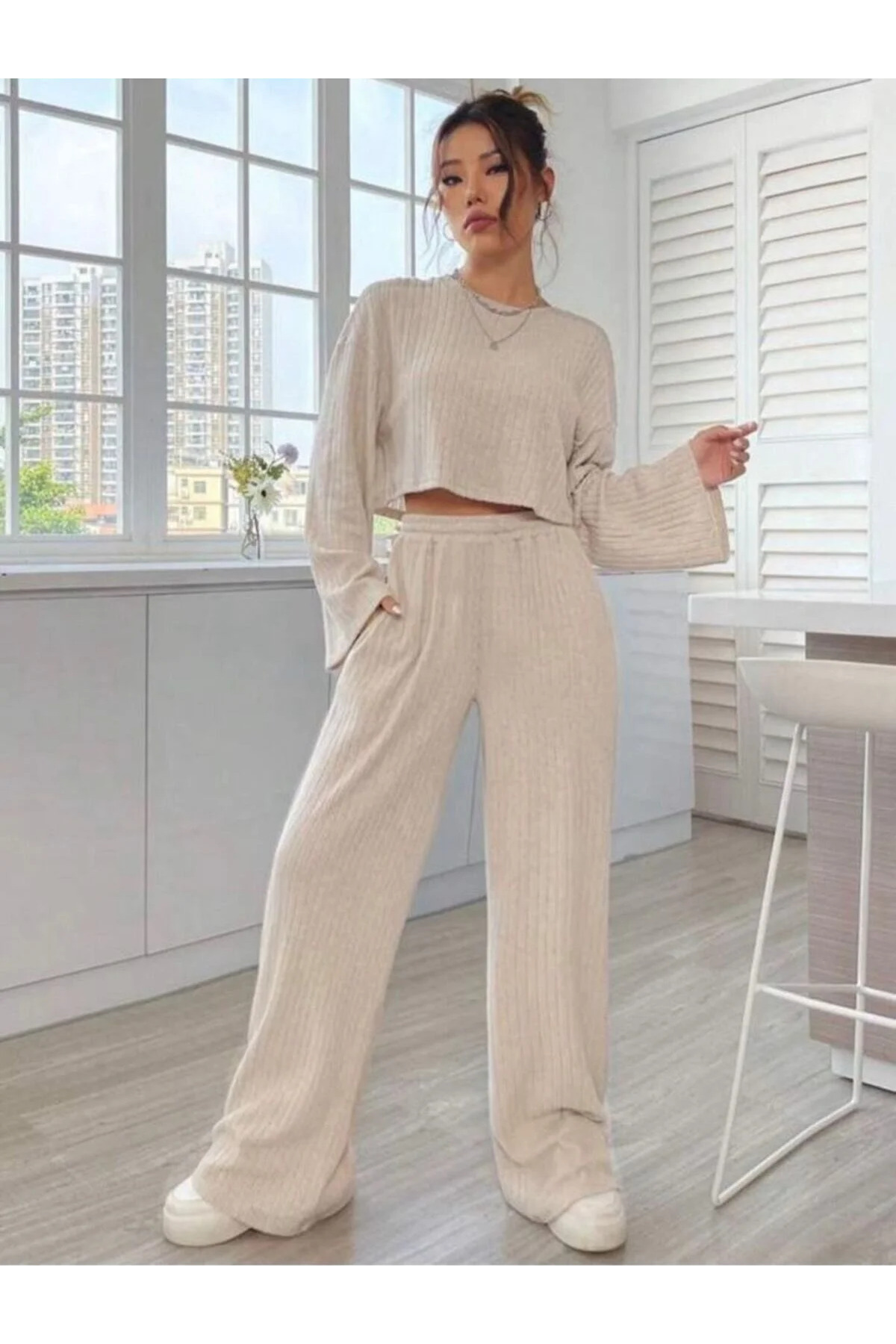 bemmoda Жіночий зручний крій Oversize Повсякденний кроп-светр і штани з кишенями