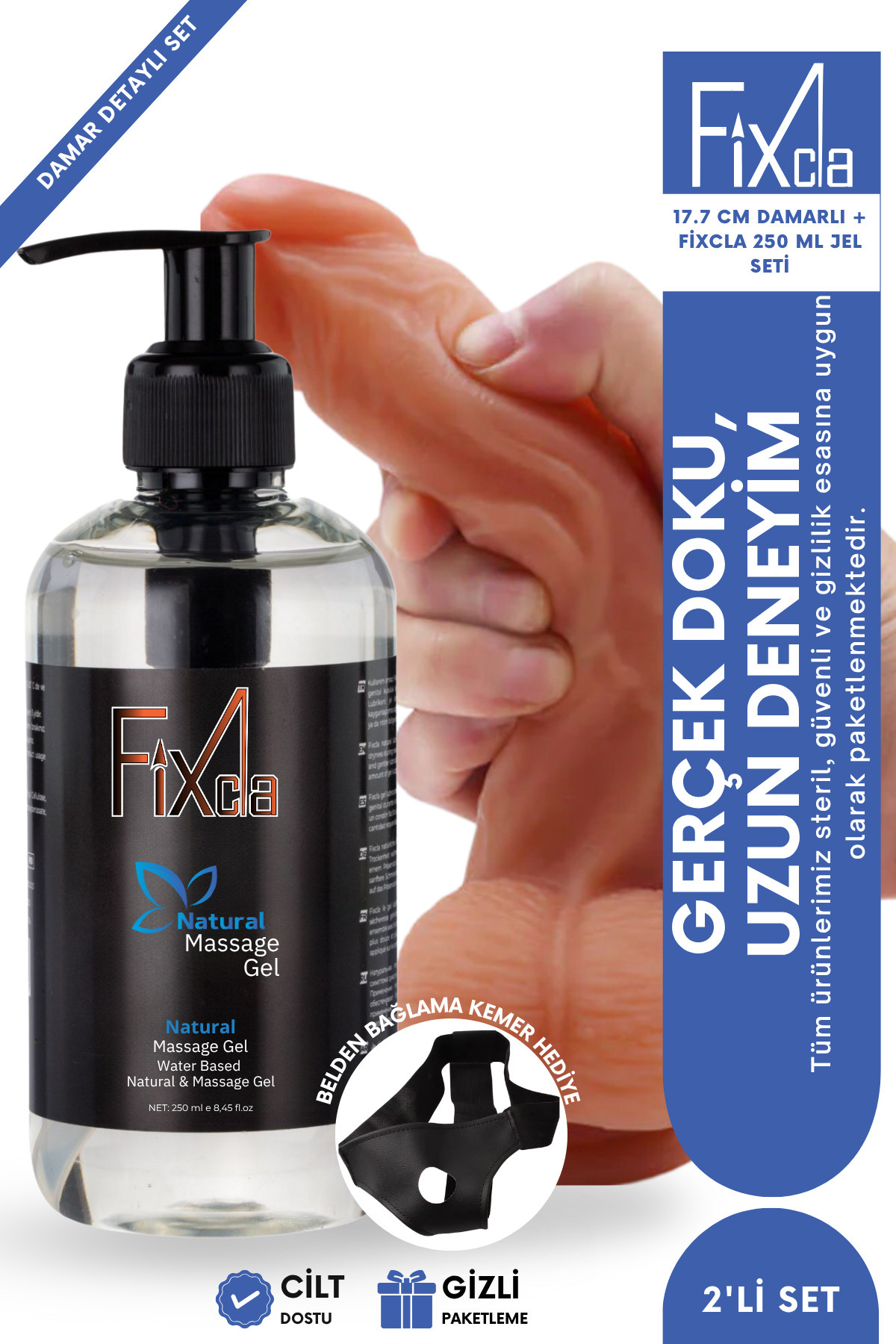 FixCla Su bazlı jel 250 ml + 17.7 cm realistik yapay penis ve kemer hediye – doğal his 2’li set