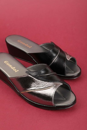 Gondol Hakiki Deri Şık Atom Ev Terliği Blc.17 Siyah-Platin