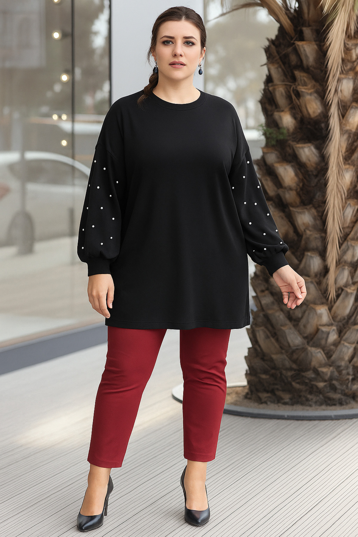 Curvy Trend Büyük Beden Kolları İncili Balon Kol 2 İplik Tunik