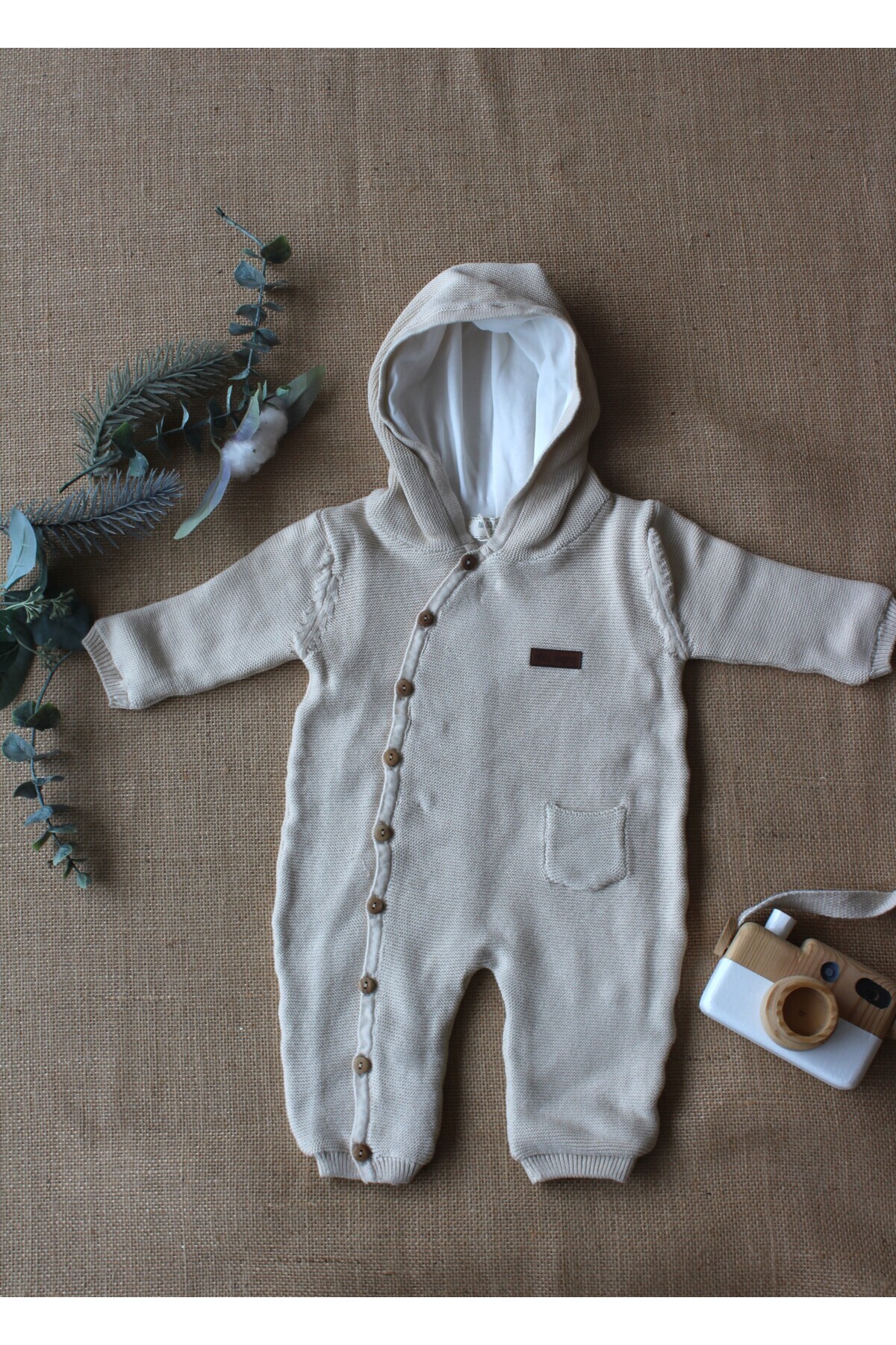 NİNOS ALEGRES KIZ - ERKEK %100 PAMUK YANDAN DÜĞMELİ KAPŞONLU TULUM NATURAL