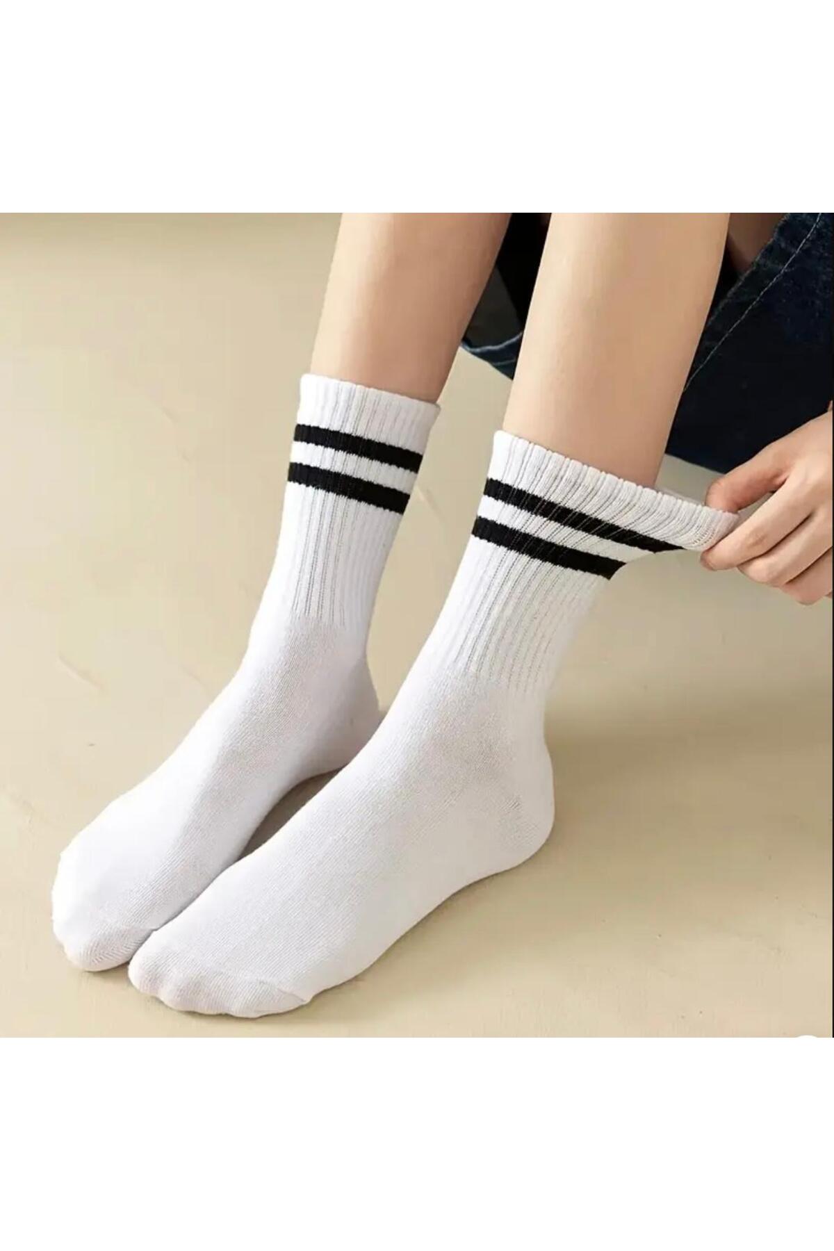 vast çorap 8`li Paket Siyah Beyaz Çemberli Tenis Kolej Pamuklu Çorap (4 Çift Beyaz, 4 Çift Siyah) görsel 5