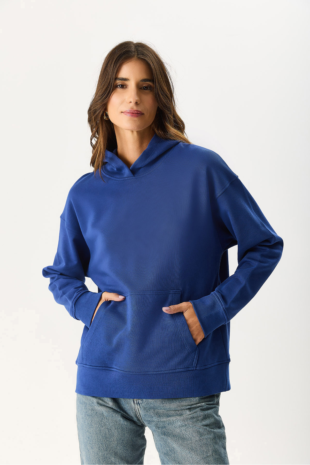 VENA  Kadın Kapüşonlu Basic Hoodie Sweatshirt %100 Pamuk - Navy - Görsel 2