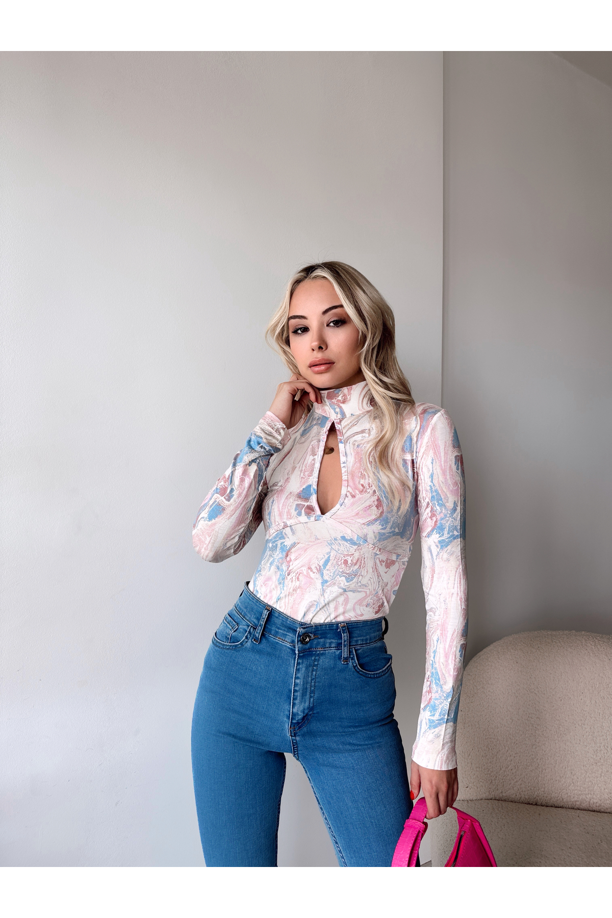Women's Pink Patterned Stand-Up Collar Window Long Sleeve Blouse
