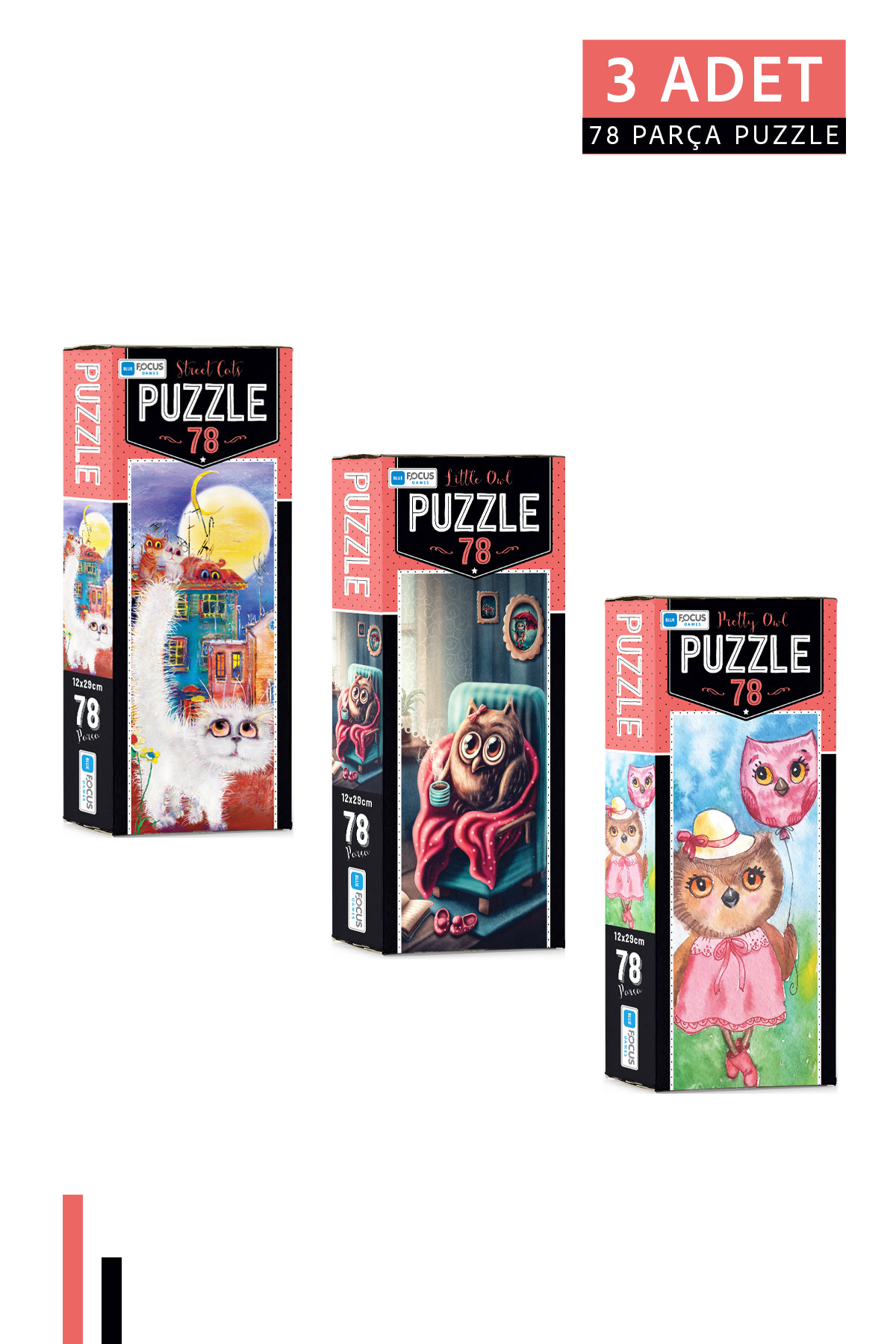 Blue Focus Games 3 ADET 78 Parça Puzzle- Street Cats ve Little Owl
