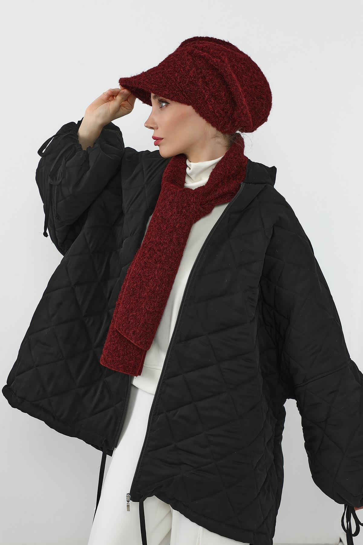 Aisha's Design Kışlık Tüylü Keçe Siperlikli Bone ve Atkı Takımı,BAT-2TK