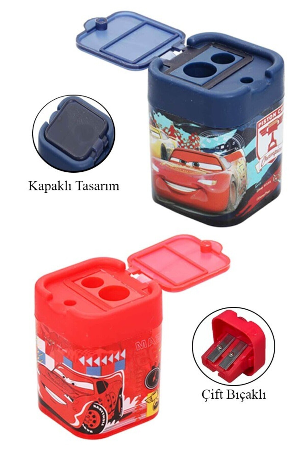 Artlantis 2 li Kalemtraş 2 Adet Arabalar Kırmızı ve Mavi Geniş Hazneli Çift Bıçaklı Kalem Traş No1 Figürlü Jum