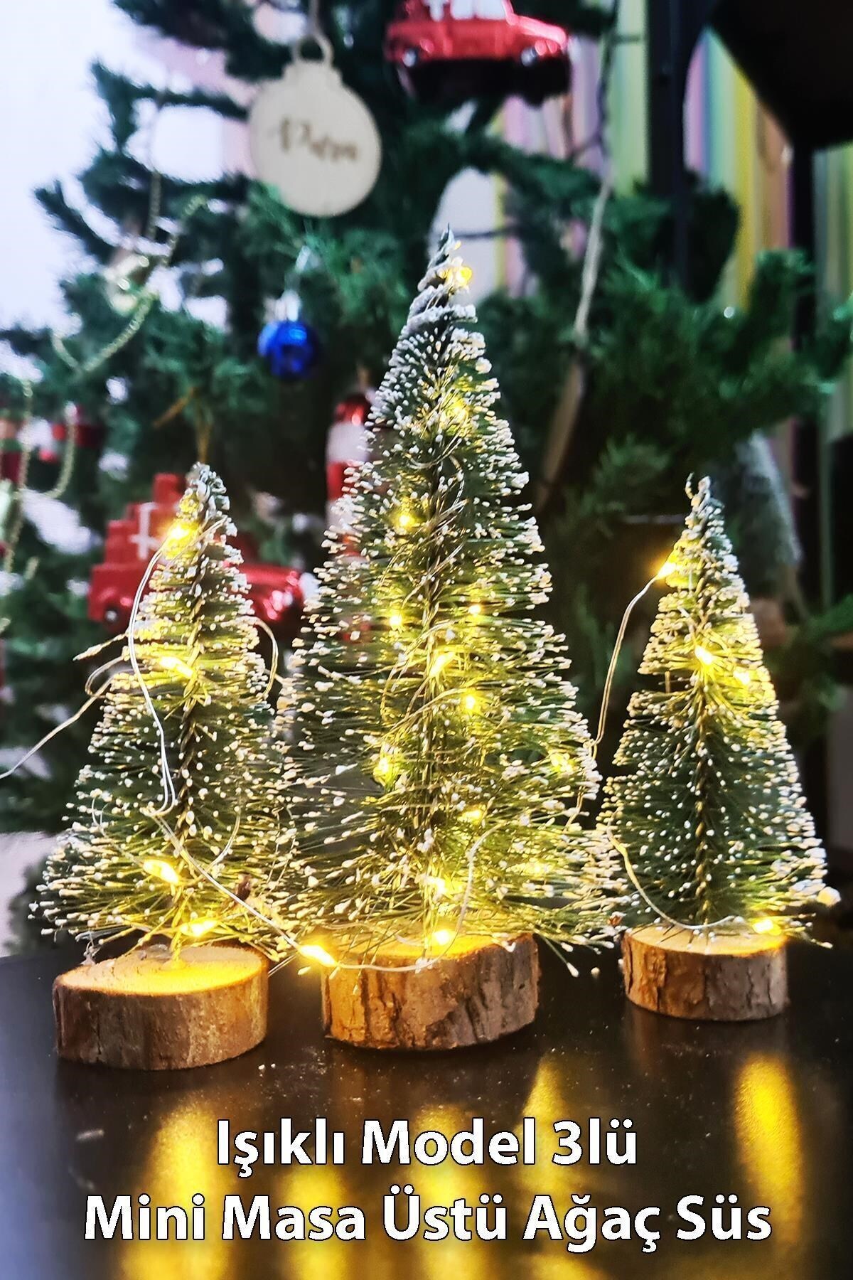 Lexi Bella Hoşgeldin Yeni Yıl 3’lü Mini Noel Çam Ağacı Kar Efektli LED Işıklı Çam Ağaçları Seti 15 – 11– 10 Cm
