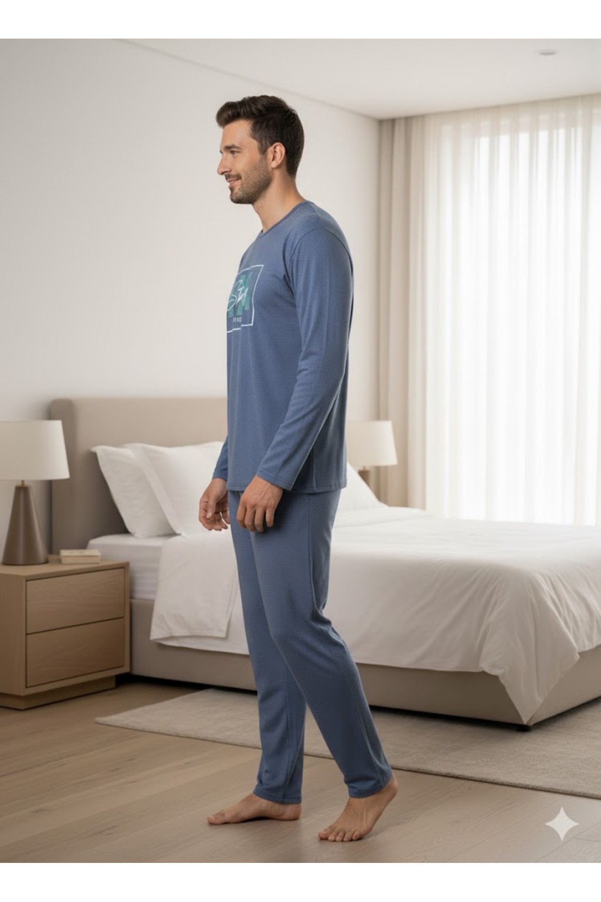 FAMES PİJAMA ERKEK MAVİ UZUN KOL PİJAMA TAKIM görsel 3