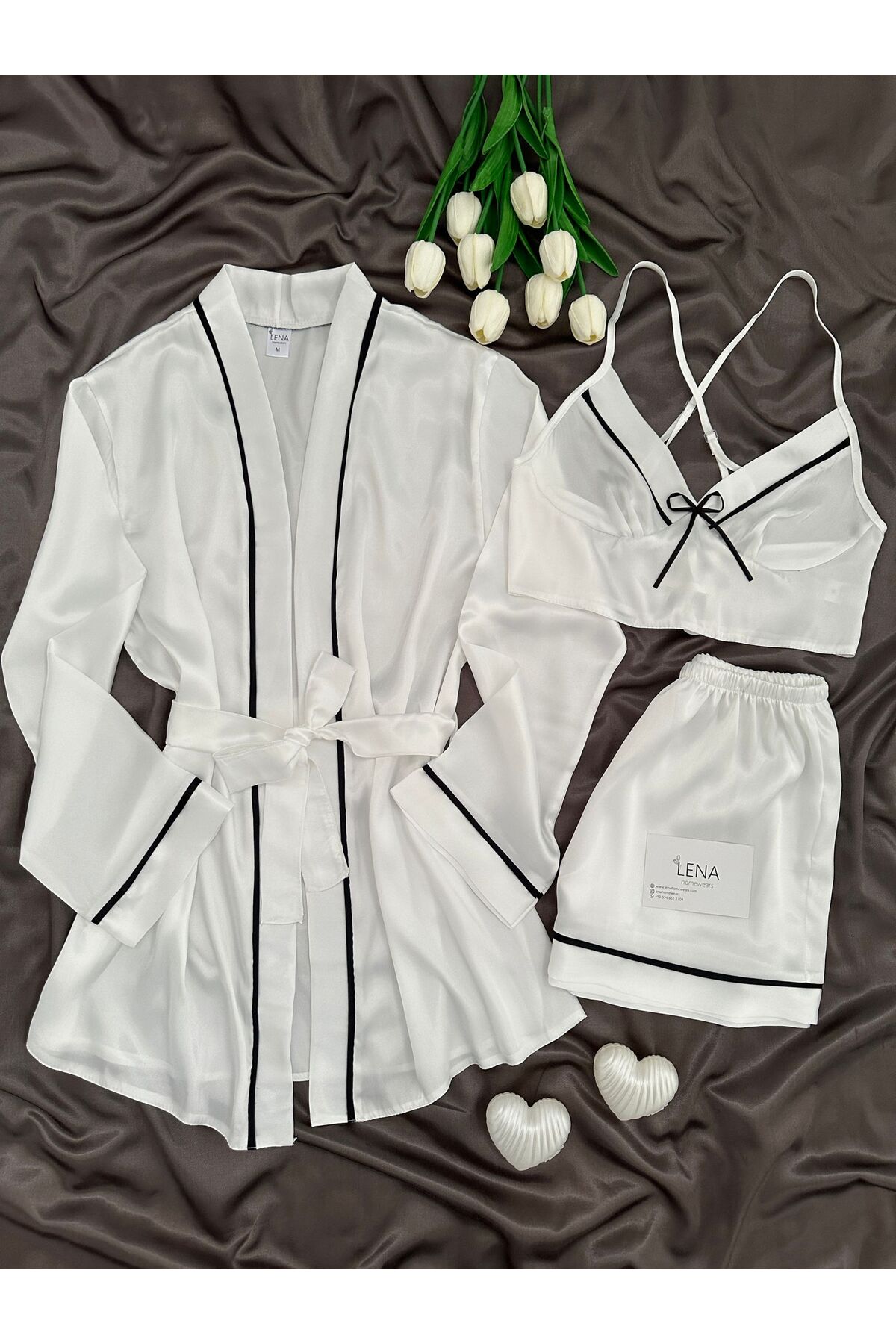 Lena Homewears Timeless White Saten Şortlu Sabahlıklı 3’lü Kutulu Premium Gelin Seti (Kutulu)