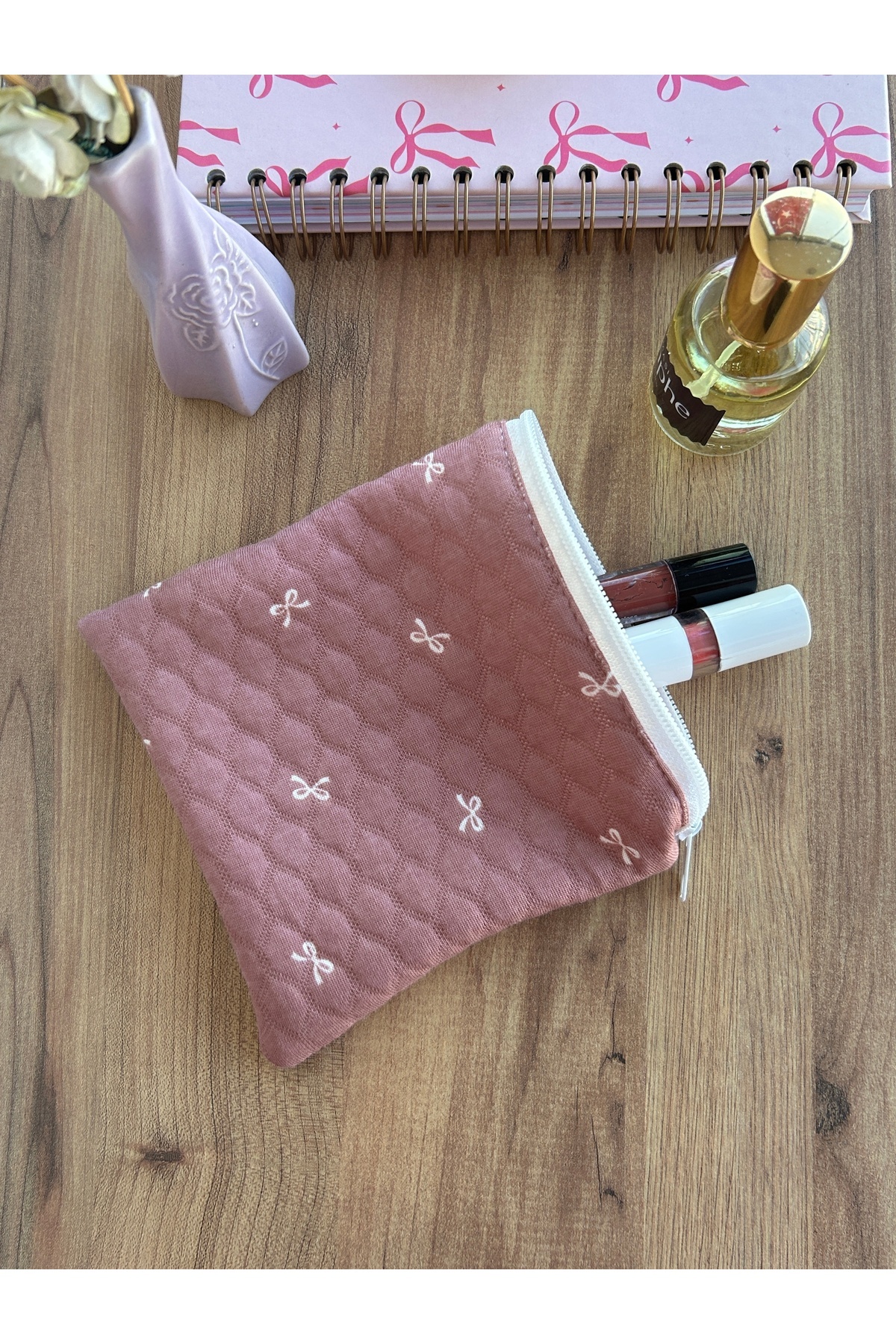 minyaturhayalim Gül kurusu Fiyonk beyaz fermuarlı astarlı küçük cüzdan mini makyaj çantası kese ölçüleri 14*14