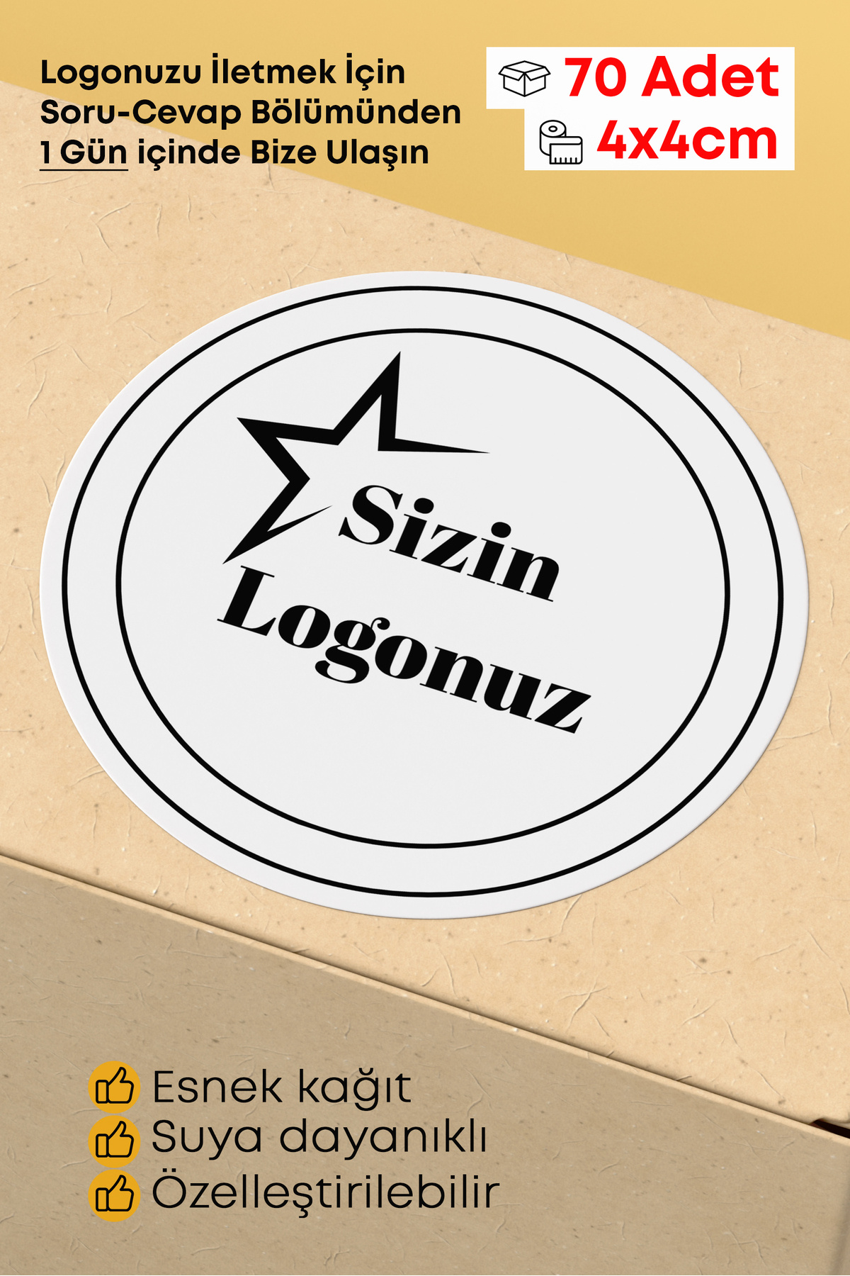 alışveriş kurdu Kişiye Özel Firma Şirket Logo Sticker Paketleme Kargo Ambalaj Etiketi - 4x4cm 70 Adet Yuvarlak