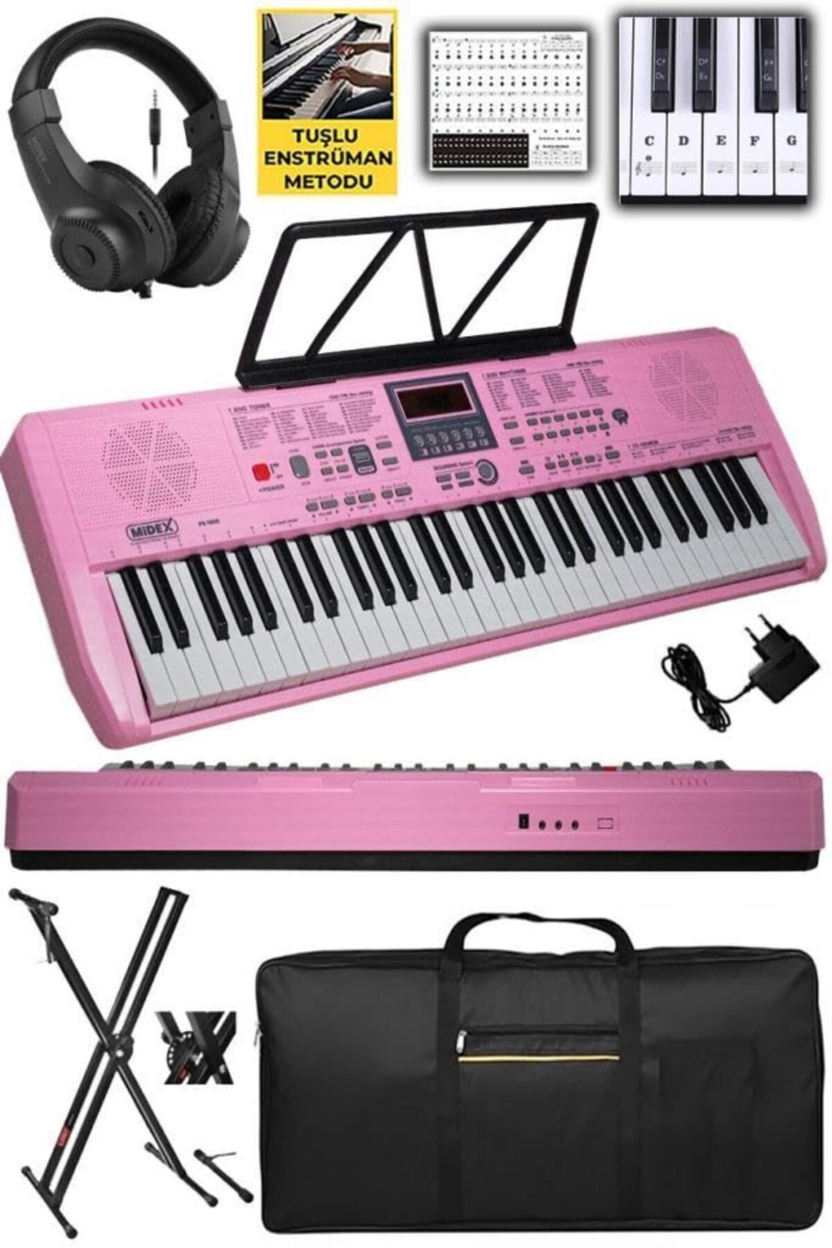 Hepta Collection Midex PS-1800PK-SET 61 Tuşlu Kaliteli Pembe Org Dijital Ekran Stand Kulaklık Çanta Notalık Adaptör S