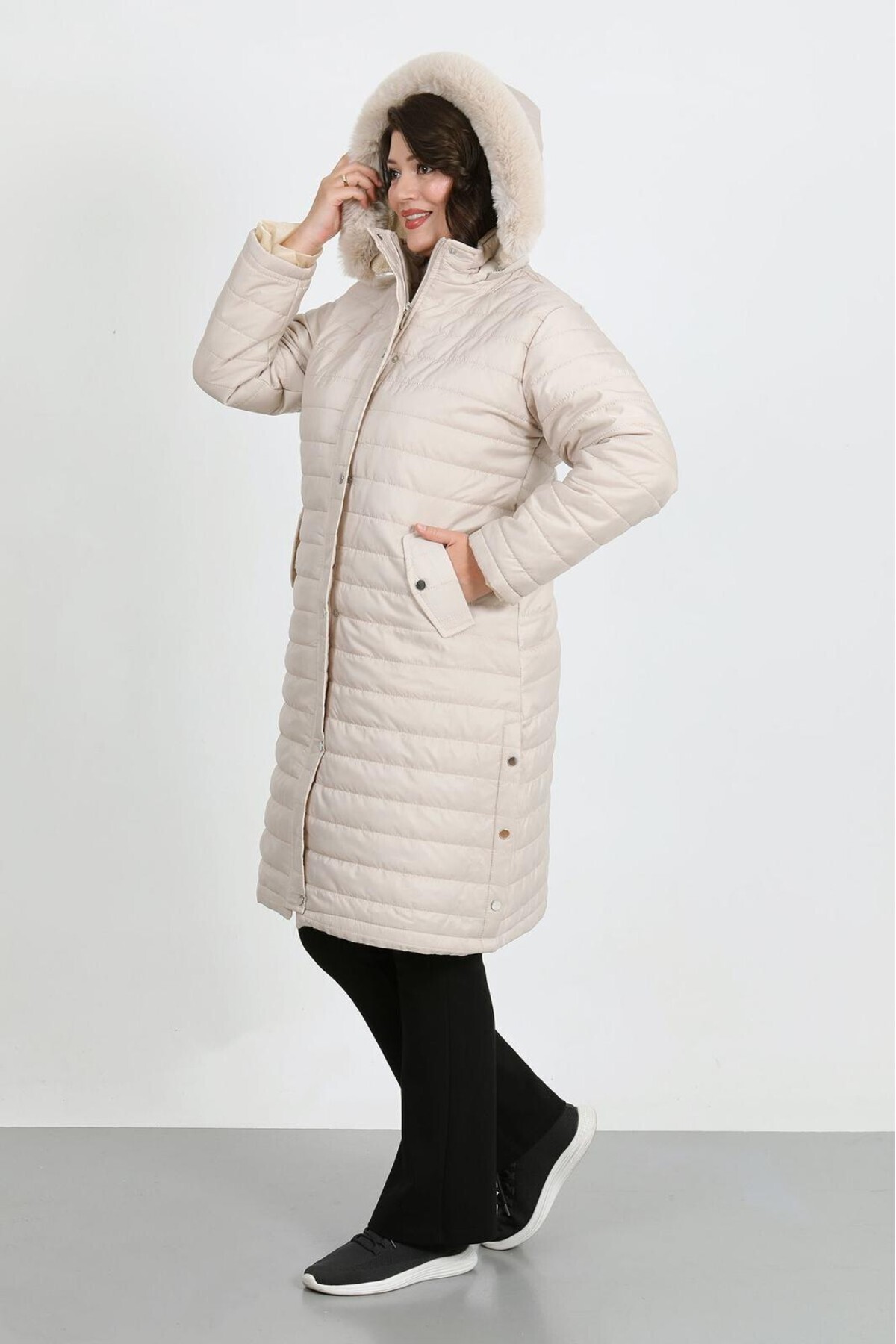 By Alba Collection KADIN UZUN EKRU ŞİŞME BÜYÜK BEDEN MONT