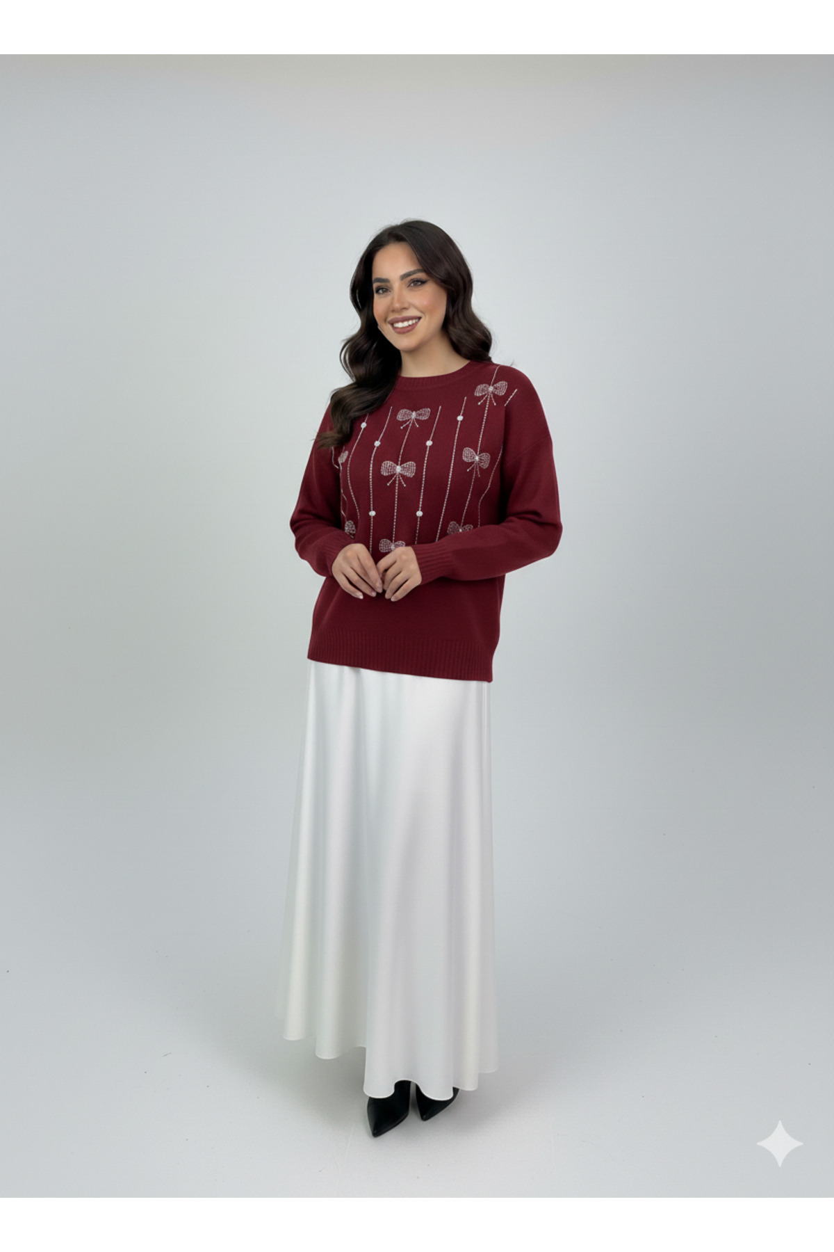 Blue Morpho Fiyonk Sıralı Triko Taşlı Etek Üstü Crop Kazak