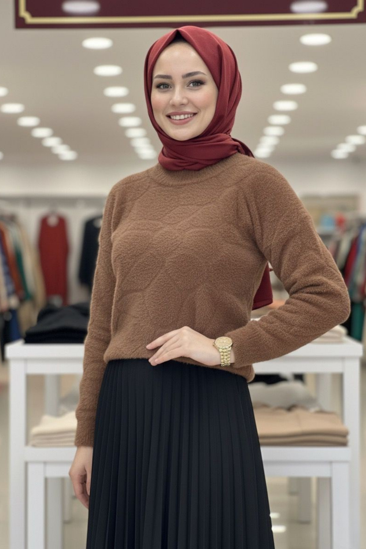 Tesettür Diyarı Cozy Dokulu Tesettür Kazak- Kahverengi Standart (36-38-40 Uyumlu)