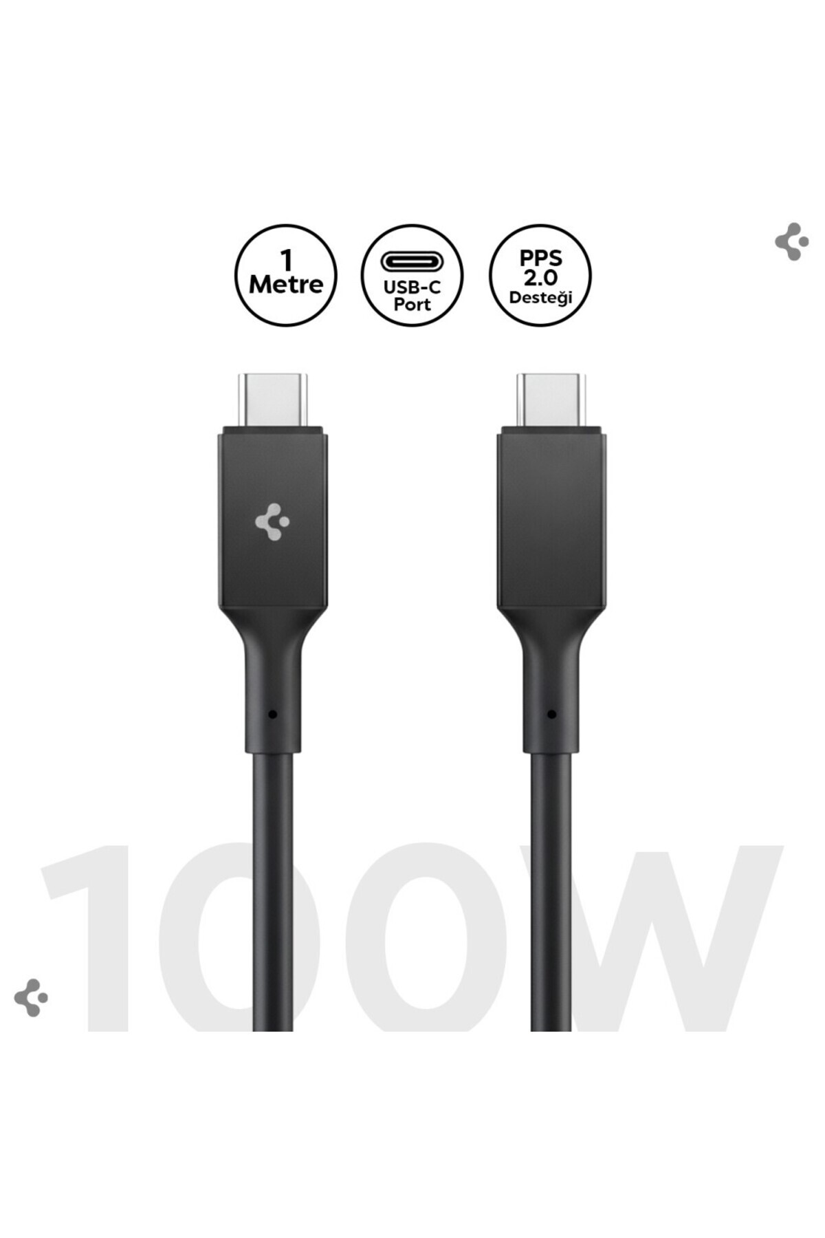 Spigen USB-C to USB-C 1 Metre Kablo 100W Güç/PPS 2.0 Super Hızlı Şarj/5 Gbps Type-C Black - ACA09459