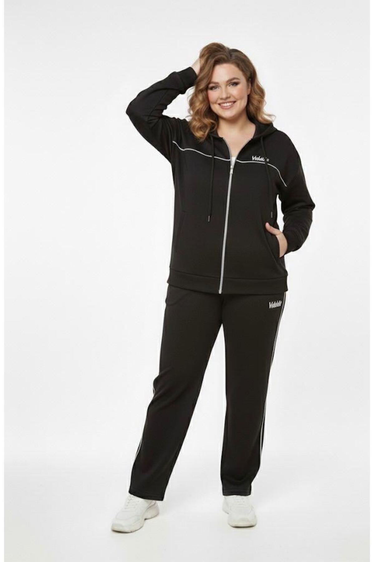 Koza Butik Kadın Büyük Beden Uzun Kollu Modal Kumaş Kapüşonlu Eşofman Takımı 8220-26