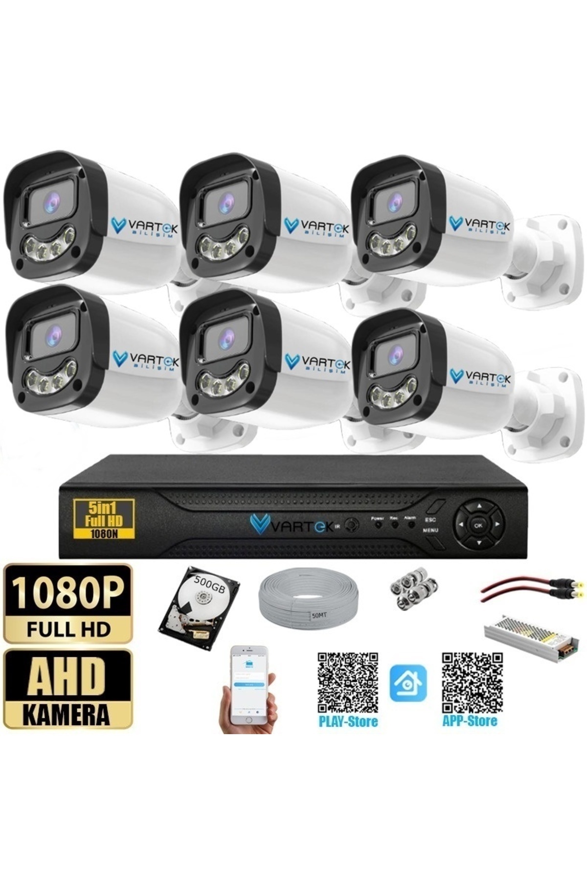 VARTEK BİLİŞİM 6 Kameralı 500GB-5MP Gece Renkli Gülen Yüz 1080P FULLHD Kamera Set-Su Gecirmez-Sabit İP Gerektirmez