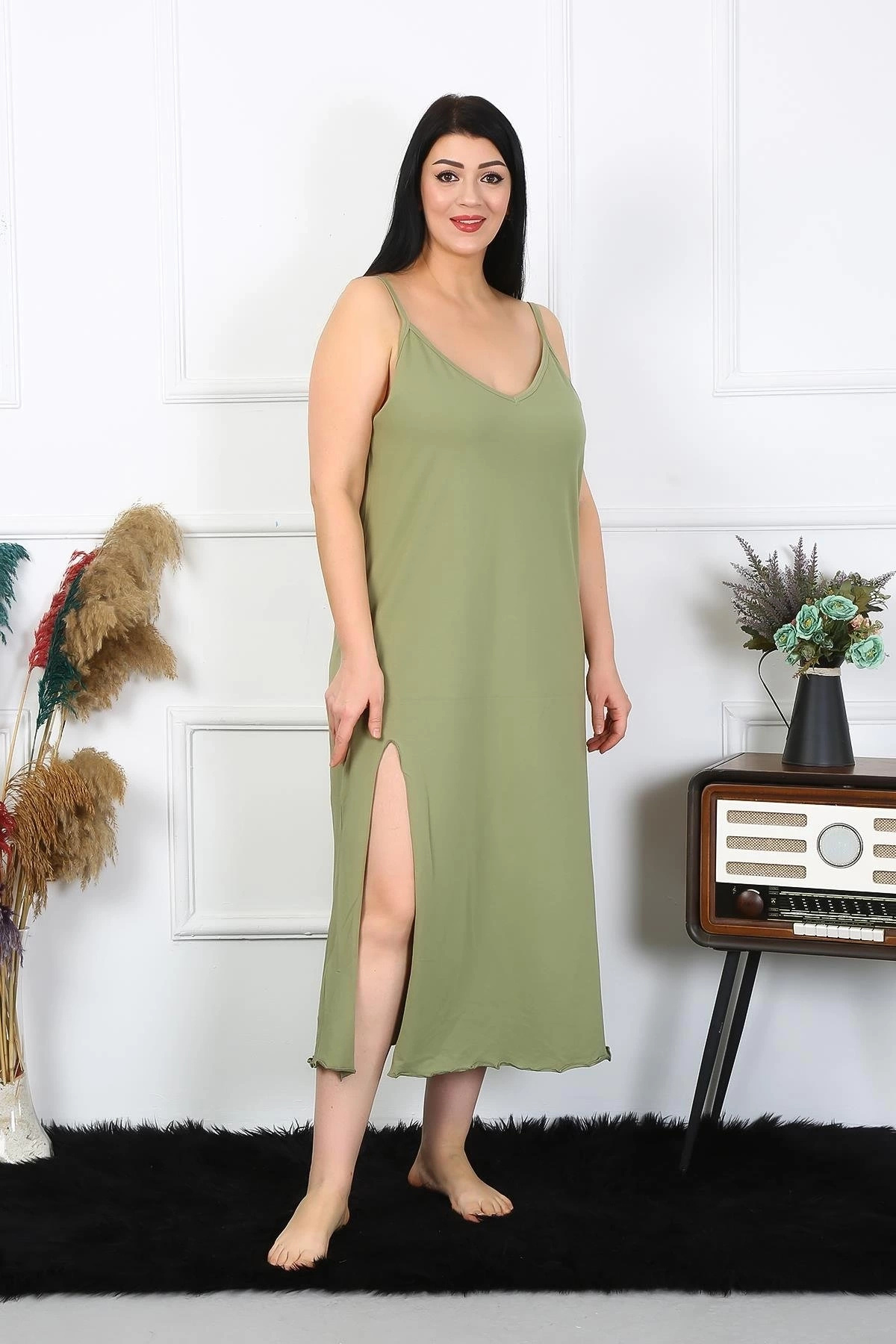 alfa expres Giyim Kadın Büyük Beden İp Askılı Pamuklu Haki Uzun Gecelik