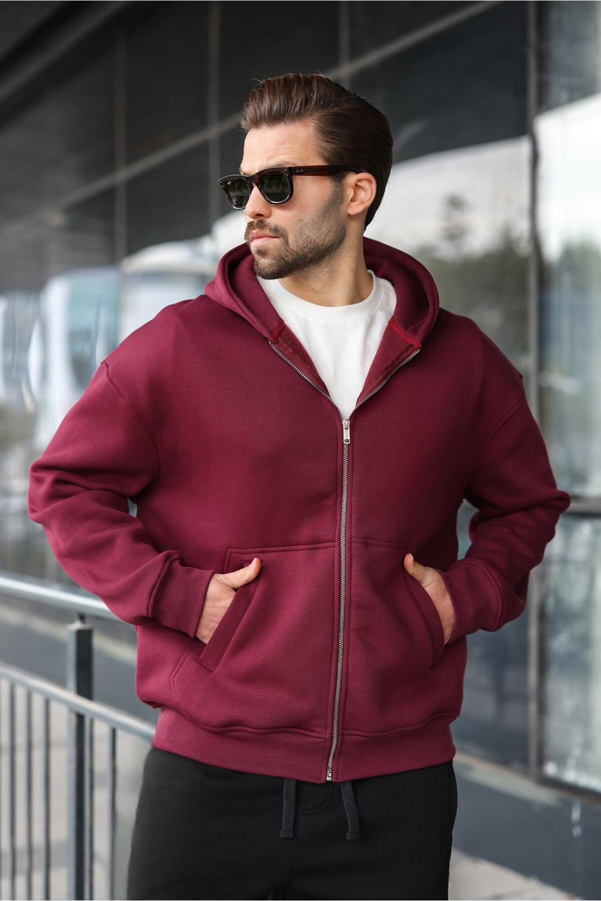 Madmext Bordo Fermuarlı Kapüşonlu Erkek Hırka E7174
