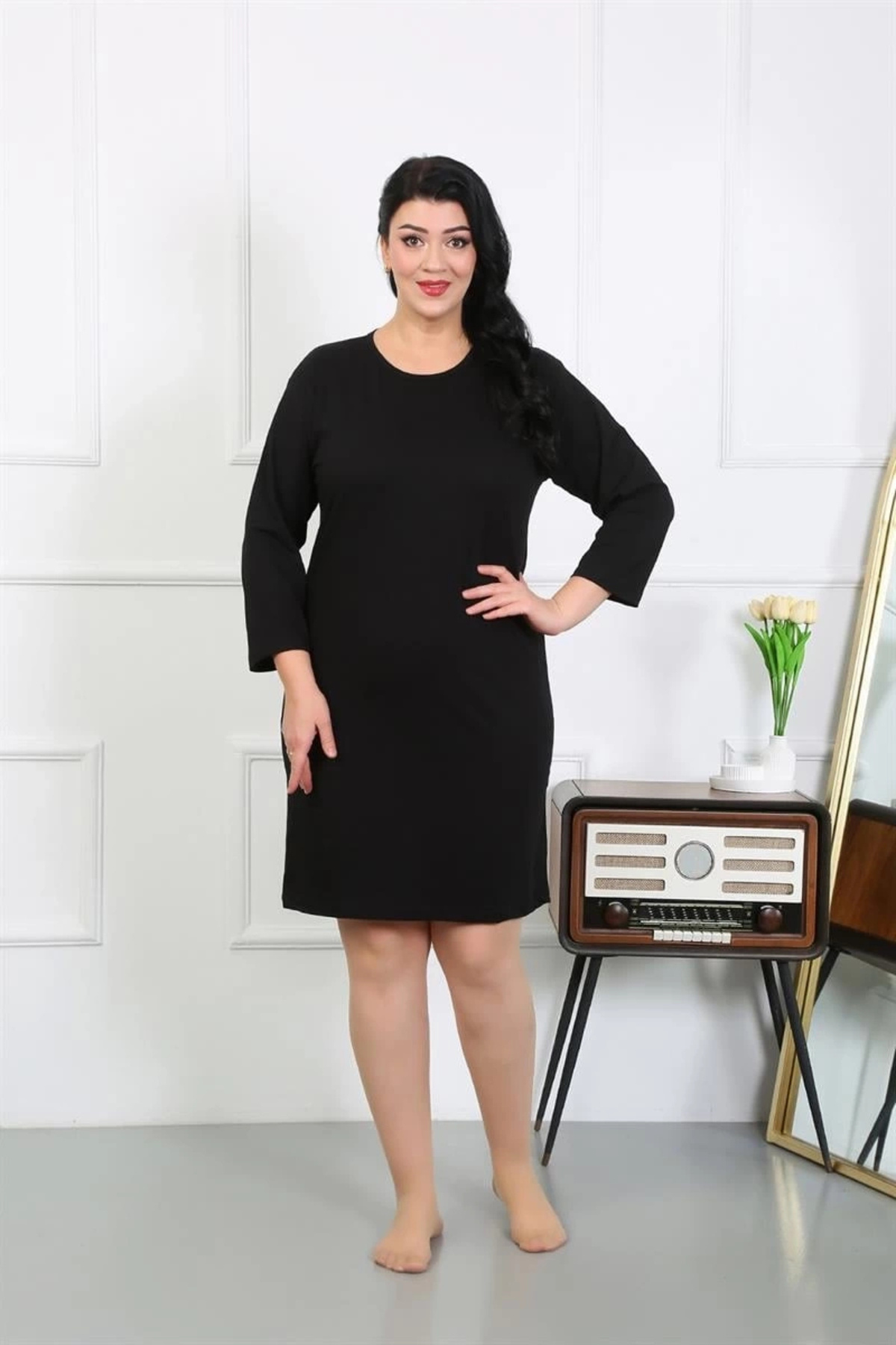 alfa expres Giyim Kadın Büyük Beden Penye Gecelik Ev Elbisesi Siyah