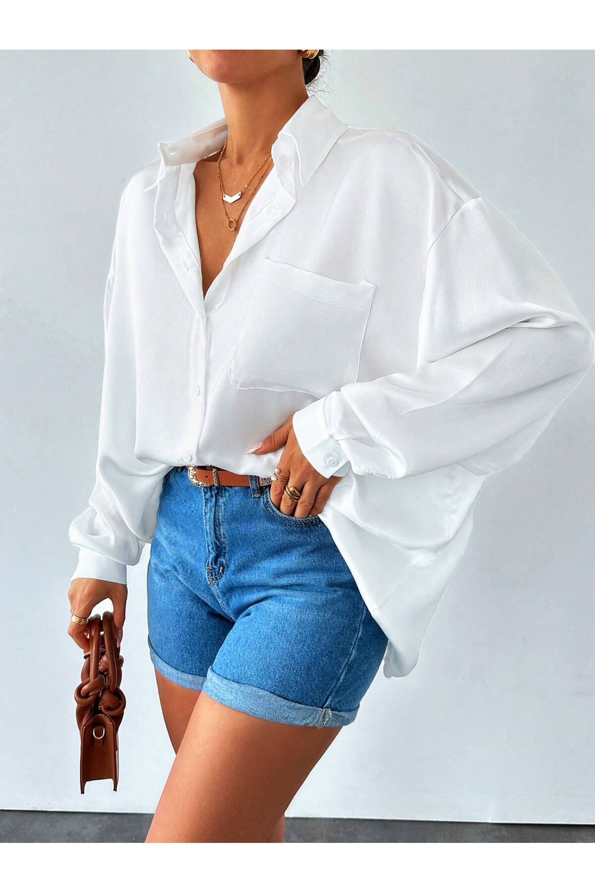 BORCKA TEKSTİL  Beyaz Oversize Kadın Gömlek - Görsel 6