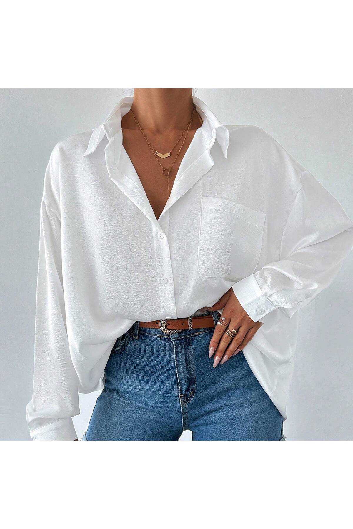 BORCKA TEKSTİL  Beyaz Oversize Kadın Gömlek - Görsel 2