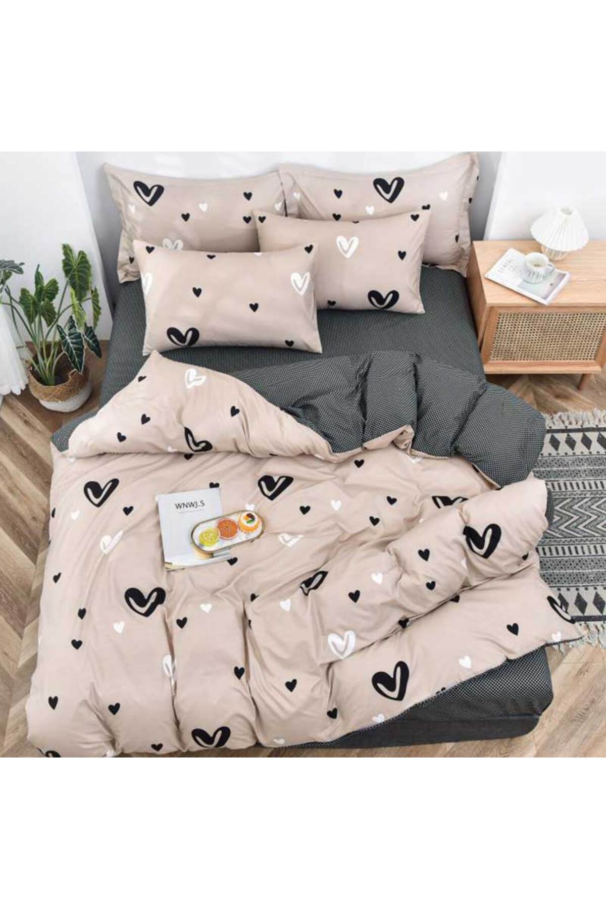 Patul Lenjerie de Pat, Bumbac Satinat, Pucioasa, 2 Persoane, Pat Dublu, 4 Piese