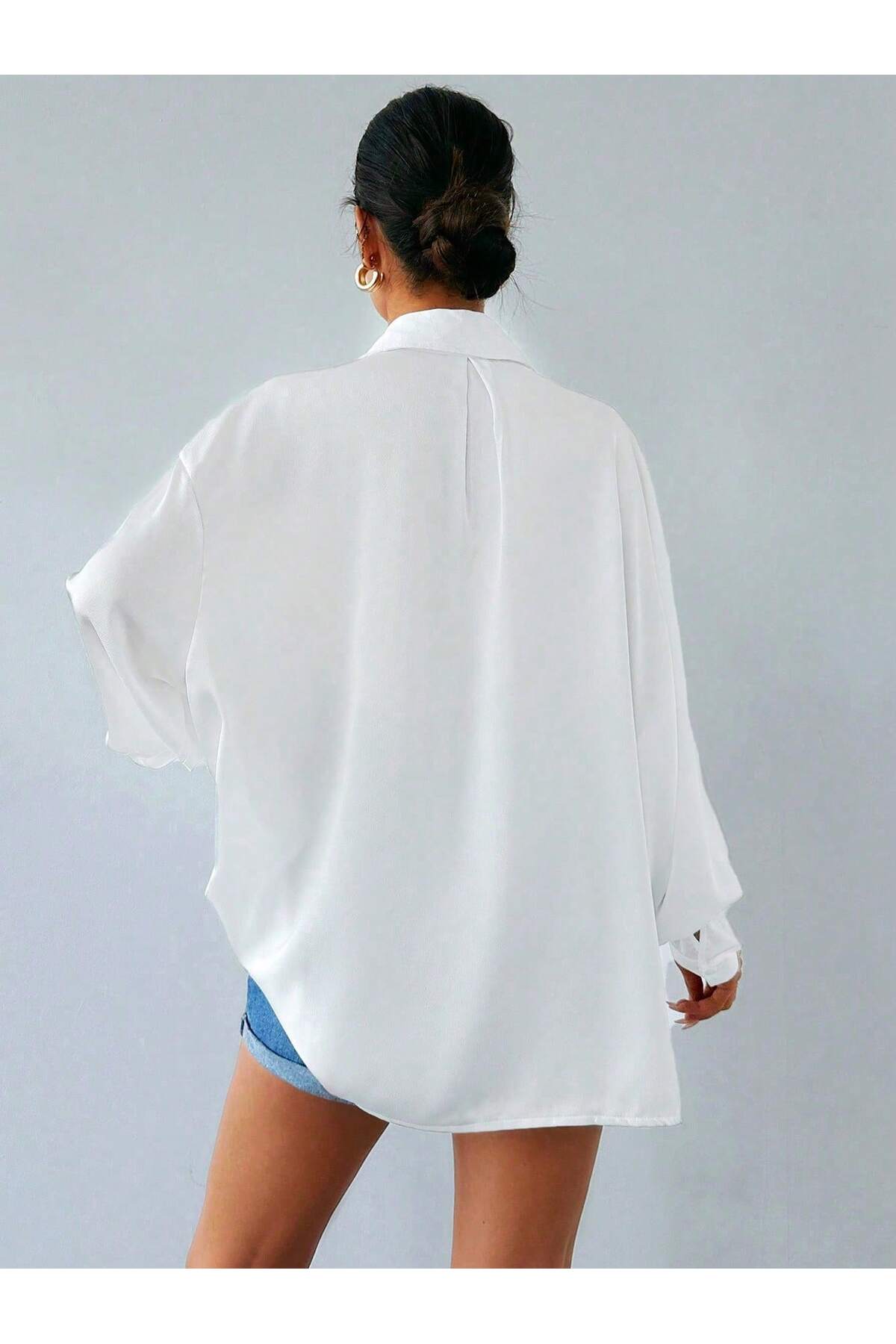 BORCKA TEKSTİL  Beyaz Oversize Kadın Gömlek - Görsel 3